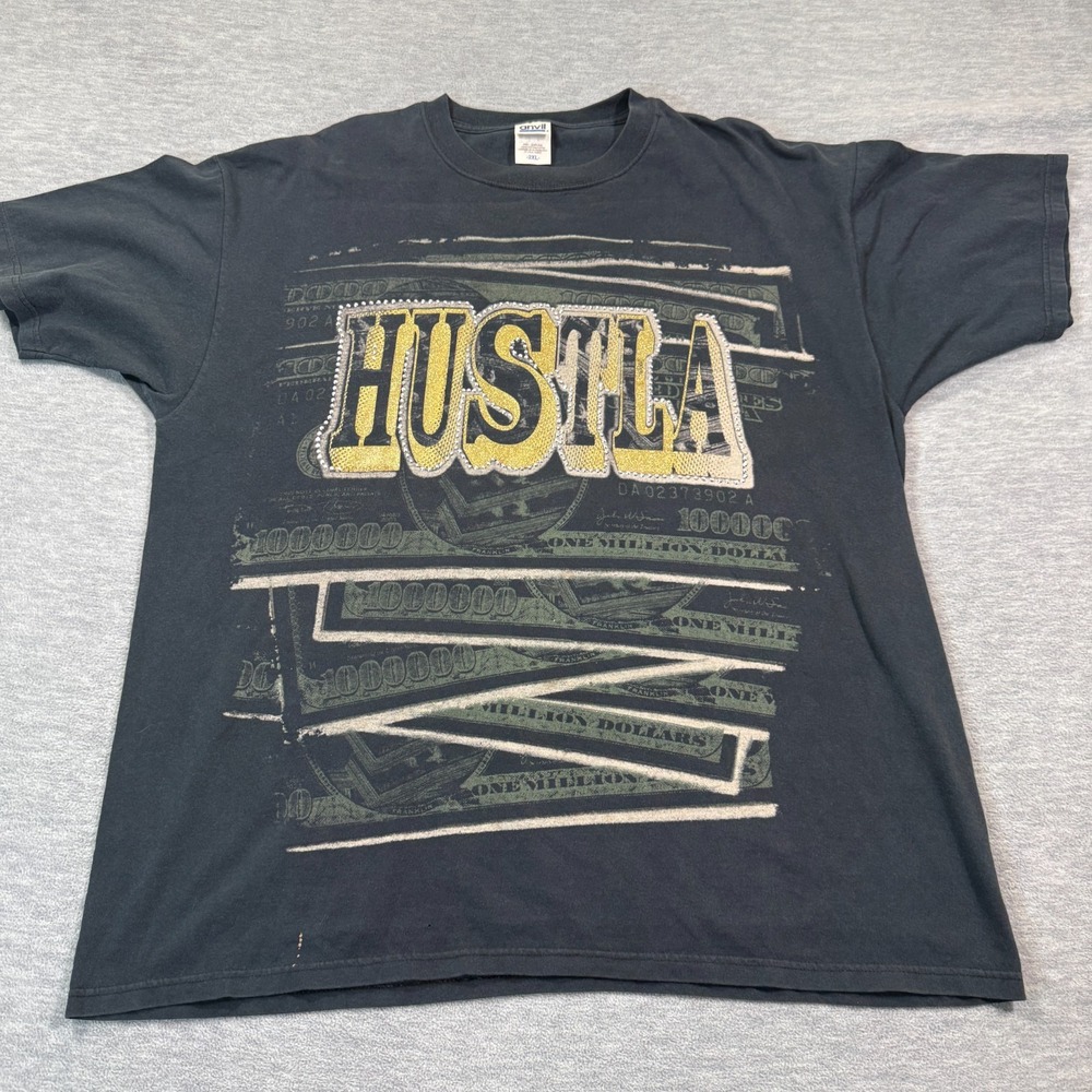 Hustla Money Graphic Shirt Men 2XL Black Short Sleeve Streetwear Hip Hop y2k